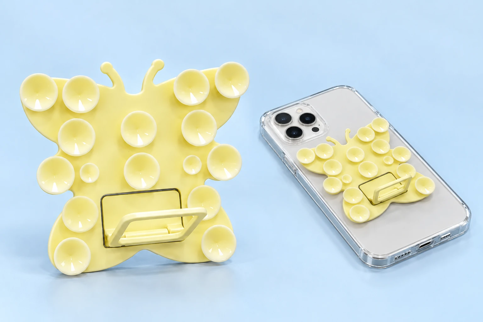 Cream yellow butterfly suction phone kickstand and illustrative rear phone mounting
