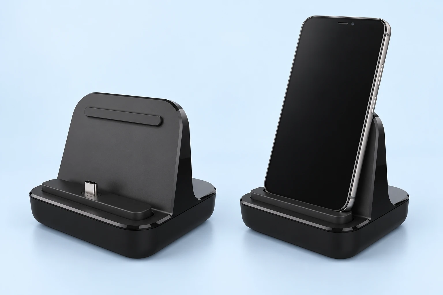 Black UC-TC Connector Phone Dock; product and illustrative use on pale blue. Phone and scene props excluded.