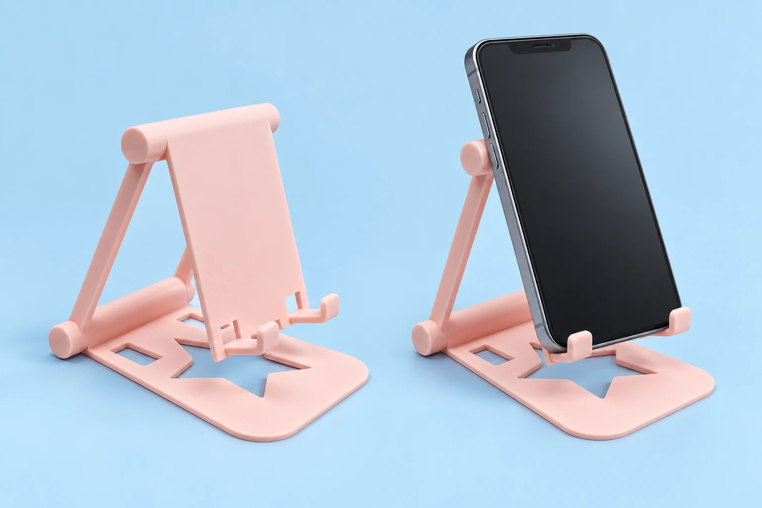 Pastel pink mini folding phone stand with star-cutout base and illustrative supported portrait phone
