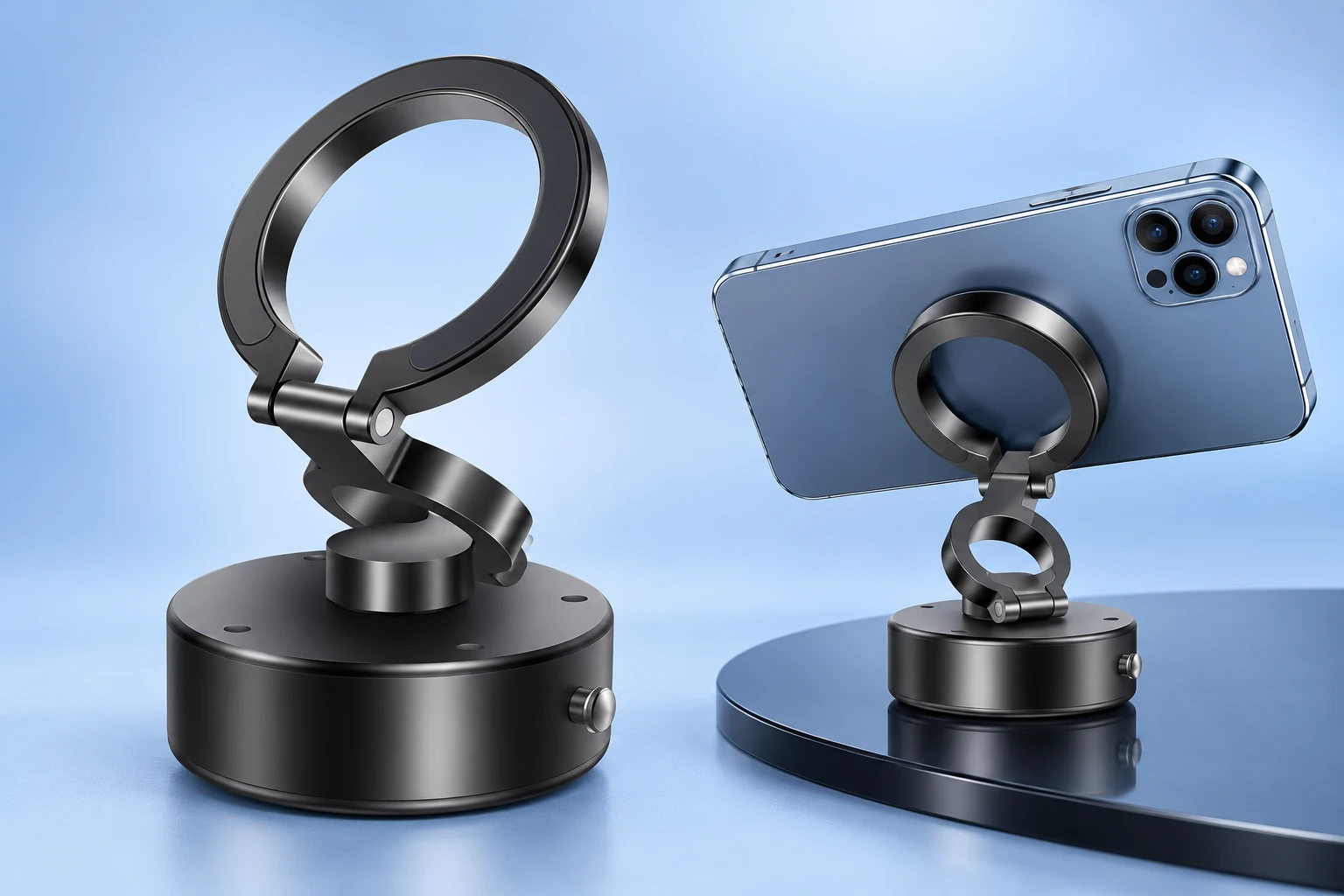 Complete empty black folding vacuum-base magnetic phone mount at left, and the same mount holding a compatible landscape phone on a stationary flat surface at right, on pale blue. Intended-use illustration; phone not included.