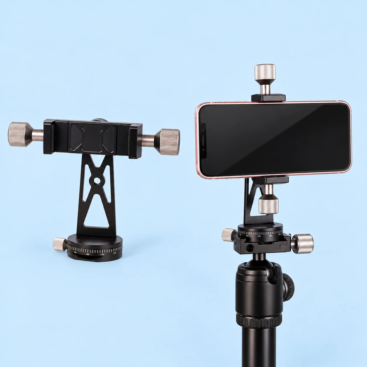 Complete black dual-screw phone clamp with its pierced upright and graduated panning base at left; the same clamp holding an illustrative landscape phone in a separate compatible photographic receiver at right, against pale blue. Phone, receiver and ball head are not included., square composition