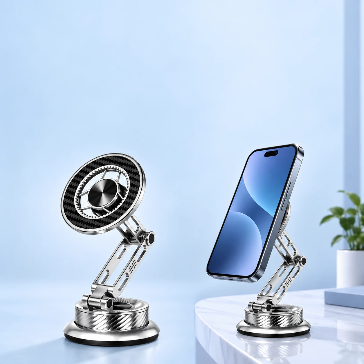 Silver G190 Open-Channel Suction Phone Arm; product and illustrative use on pale blue. Phone and scene props excluded., square composition