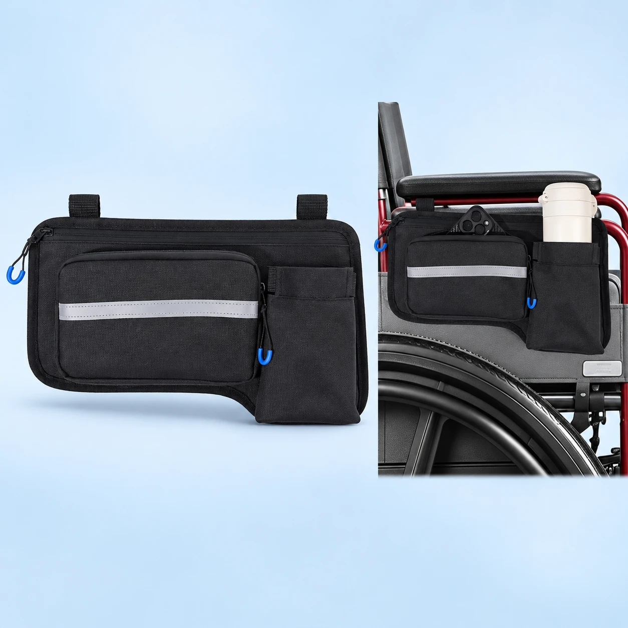 One black rail-hanging cup and phone organizer shown empty on the left and in source-matched stationary wheelchair-rail use on the right; phone, bottle and wheelchair are props and are not included.
