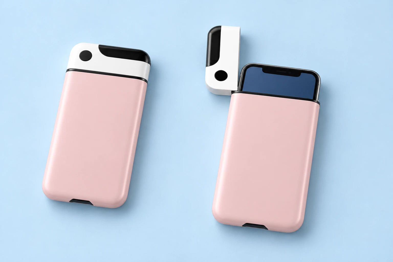 Pink Pivoting Short-Cap Phone Storage Sleeve; product and illustrative use on pale blue. Phone and scene props excluded.