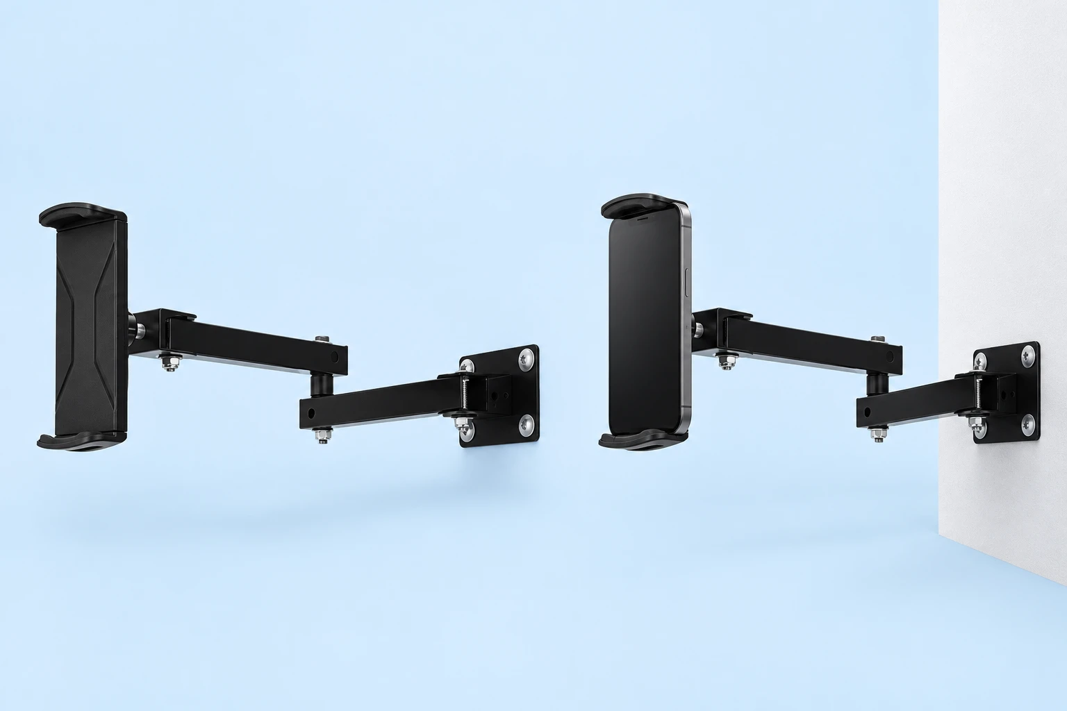 Two views of a black two-link swing-out wall phone holder on pale blue: complete empty bracket at left and the same bracket holding a portrait phone on a vertical wall at right.