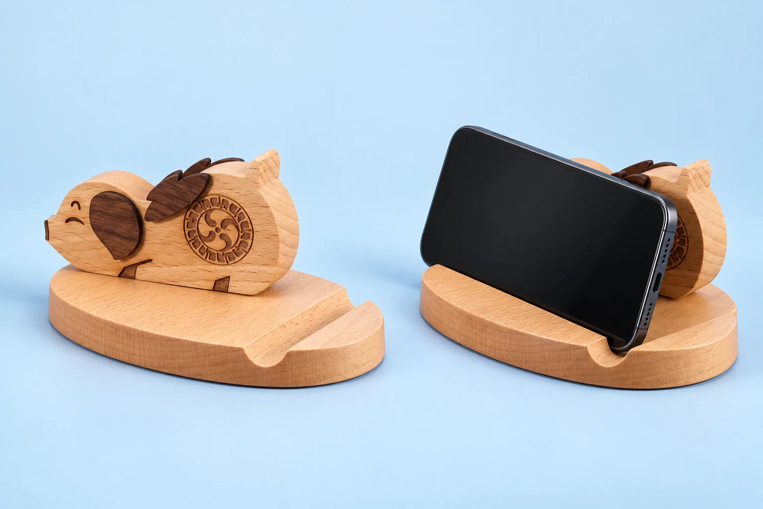 Lying Winged Pig Wooden Phone Stand