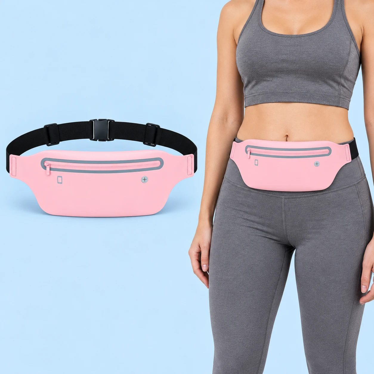Pastel pink tapered single-pocket phone belt shown flat and worn closed around an adult waist, square composition