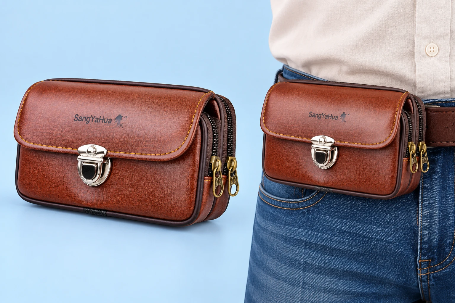 Complete closed brown horizontal two-zip phone belt pouch with its original metal latch at left; the same pouch worn stationary at an adult waist with all rear engagement hidden, on pale blue.