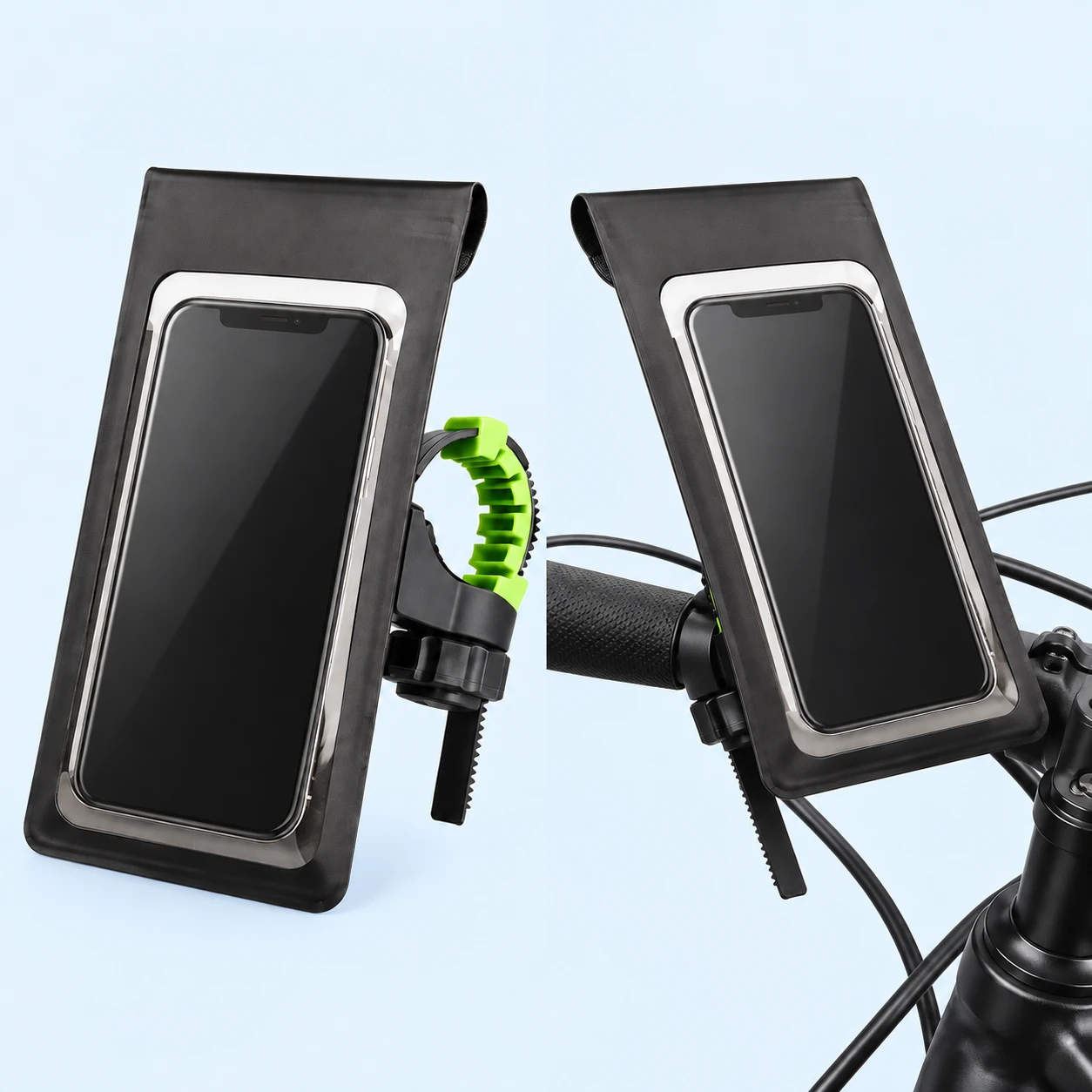 The complete black flat-envelope phone pouch with its original green-lined handlebar band is shown on the left, and the same pouch on a stationary bicycle handlebar on the right, against pale blue. Dark-screen demonstration phones and bicycle are not included.