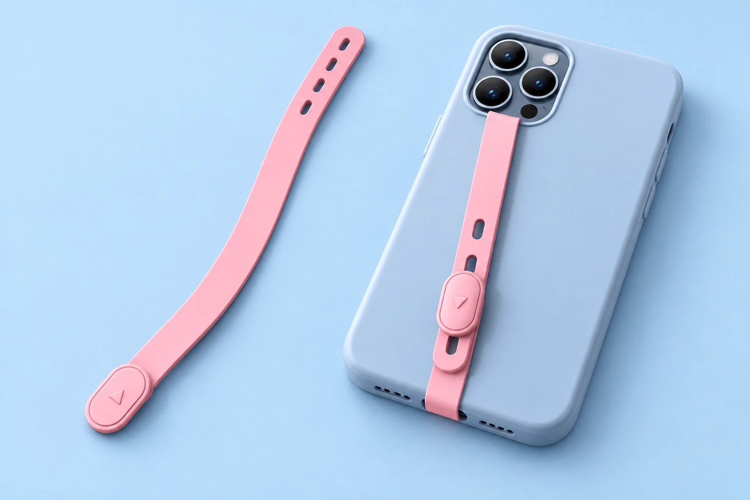 Pink silicone phone grip strap with four adjustment slots and oval button, shown alone and threaded through a compatible case