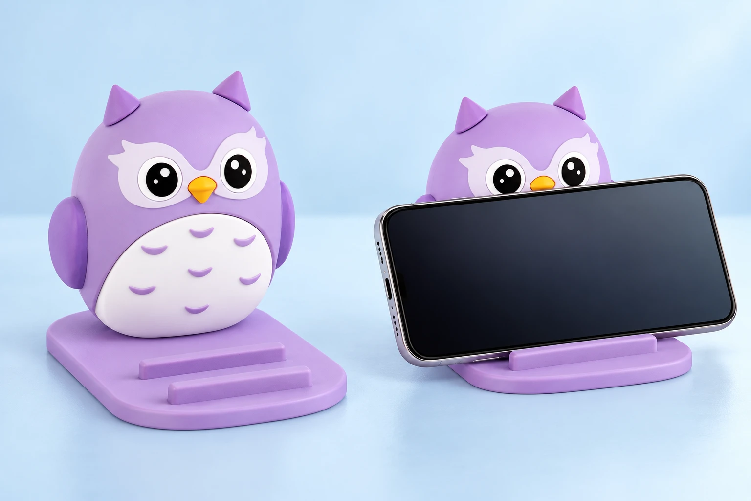 Lilac owl phone stand with two fixed base stops, shown alone and supporting a landscape phone