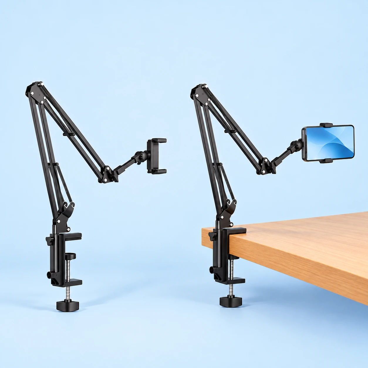 Black Spring-Rail Desk Clamp Phone Arm