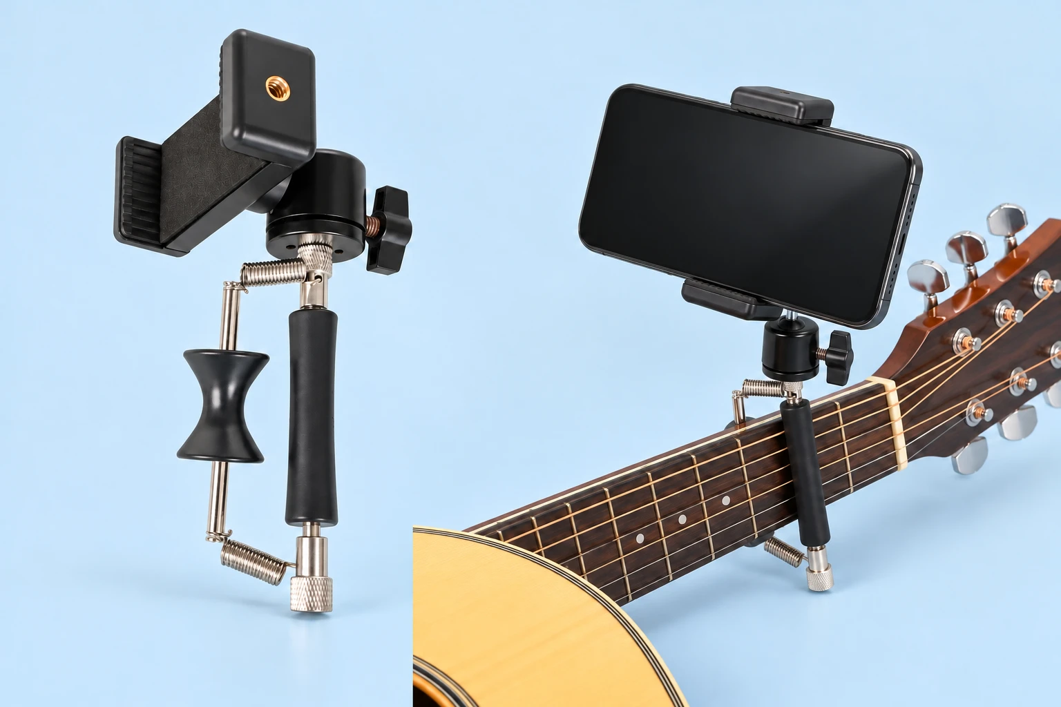 Complete black twin-spring D-frame capo phone holder at left and the same assembly holding a landscape phone on a stationary compatible guitar neck at right, against pale blue; guitar and phone excluded.