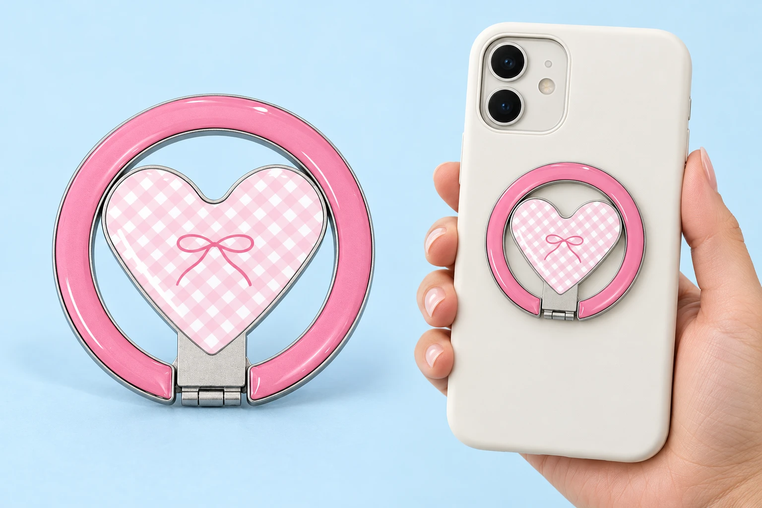 Pink gingham heart-center folding ring holder with pink circular frame, shown closed