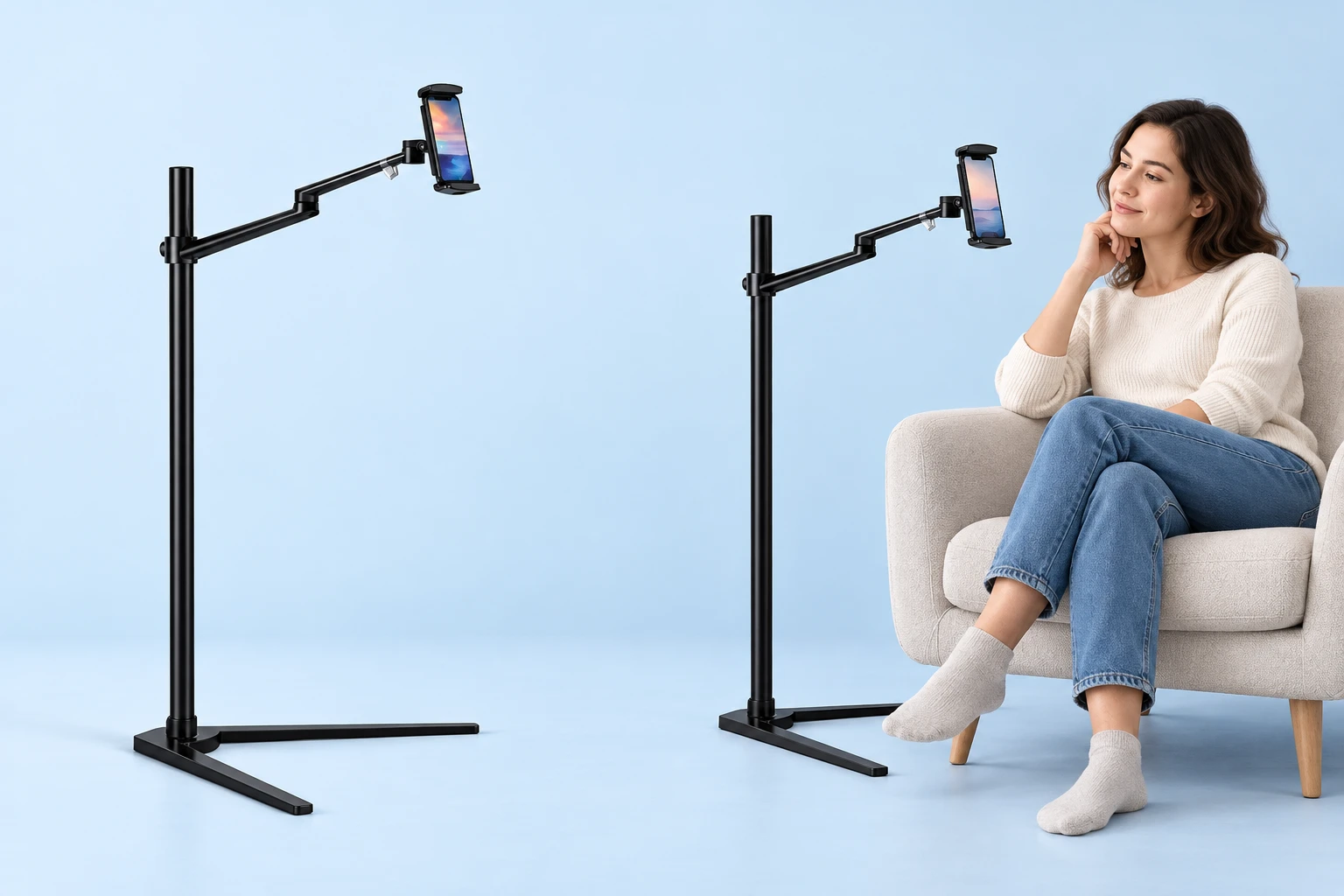 Black Open-Runner Swing-Arm Floor Phone Stand
