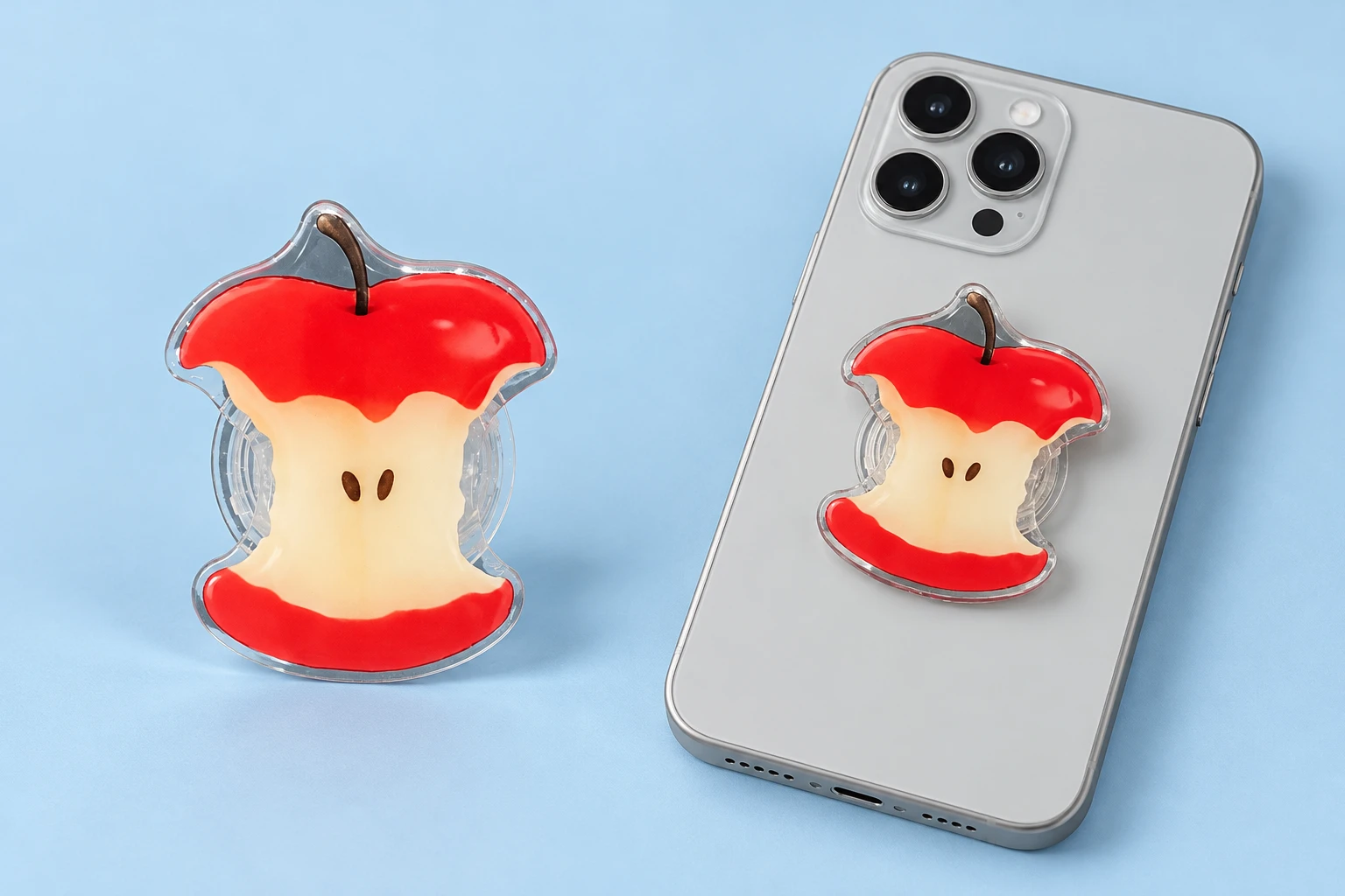 Red apple-core expandable phone grip, collapsed product and closed phone-back mounting illustration