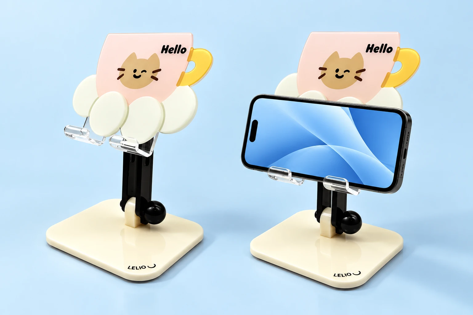 Pastel pink cat coffee-cup acrylic phone stand and illustrative landscape-phone support