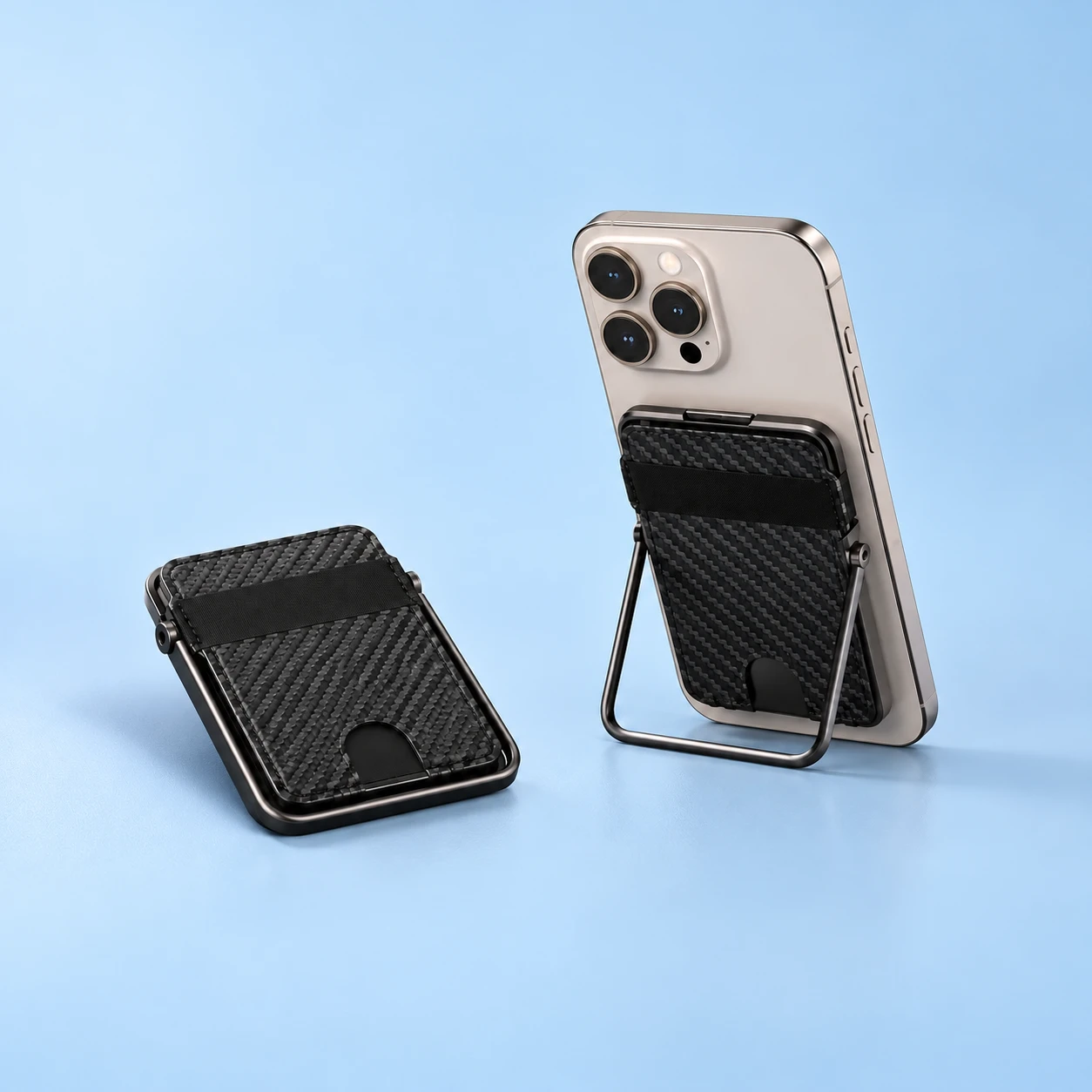 Black Magnetic U-Wire Phone Card Wallet; product and illustrative use on pale blue. Phone and scene props excluded., square composition