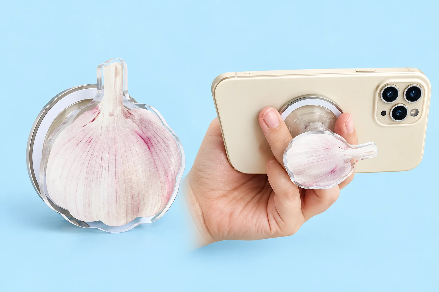 garlic die-cut magnetic expandable phone grip and illustrative phone use