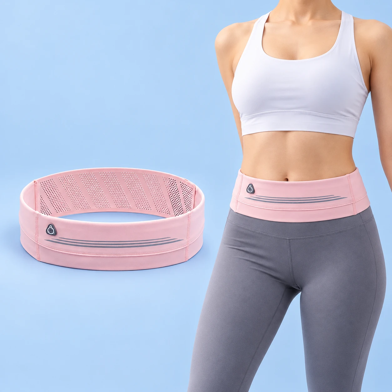 Pastel pink mesh-back phone belt shown flat and worn closed around an adult waist, square composition