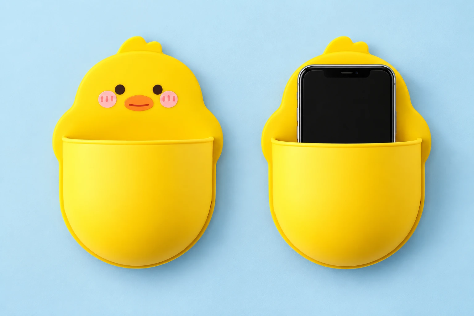 Yellow chick-shaped wall phone pocket shown empty and holding an illustrative phone