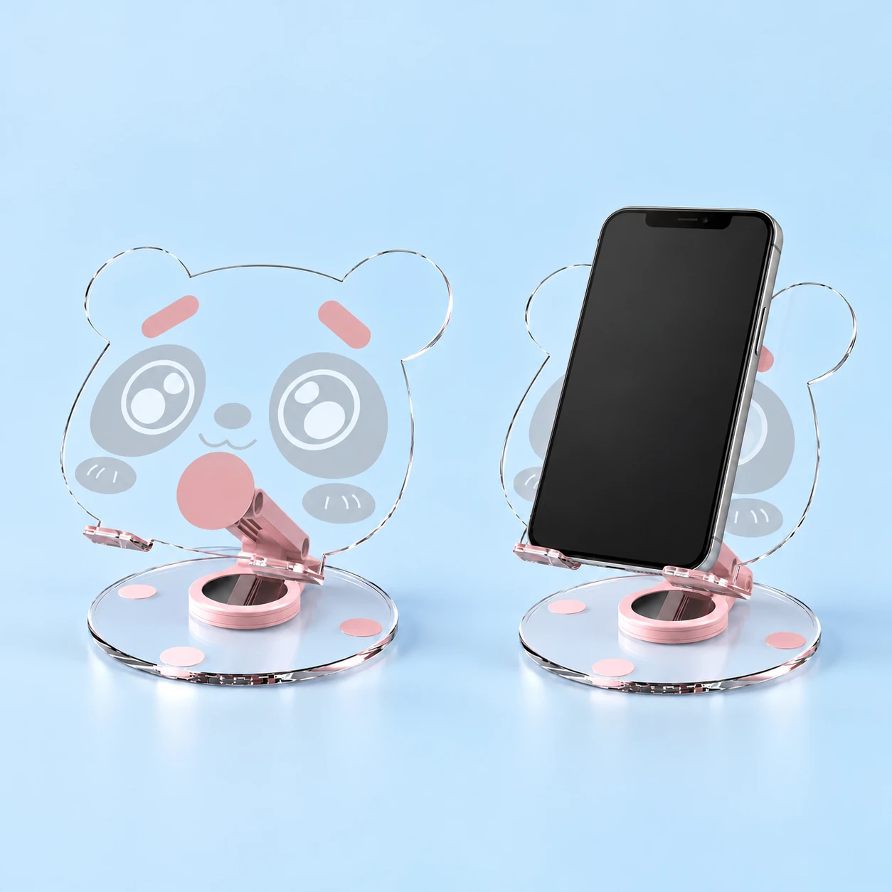 Clear panda-head phone stand with pink hinged support and portrait phone illustration, square composition