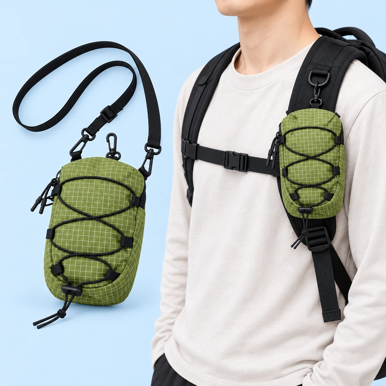 Green Laced-Front Shoulder Phone Pouch; product and illustrative use on pale blue. Phone and scene props excluded., square composition