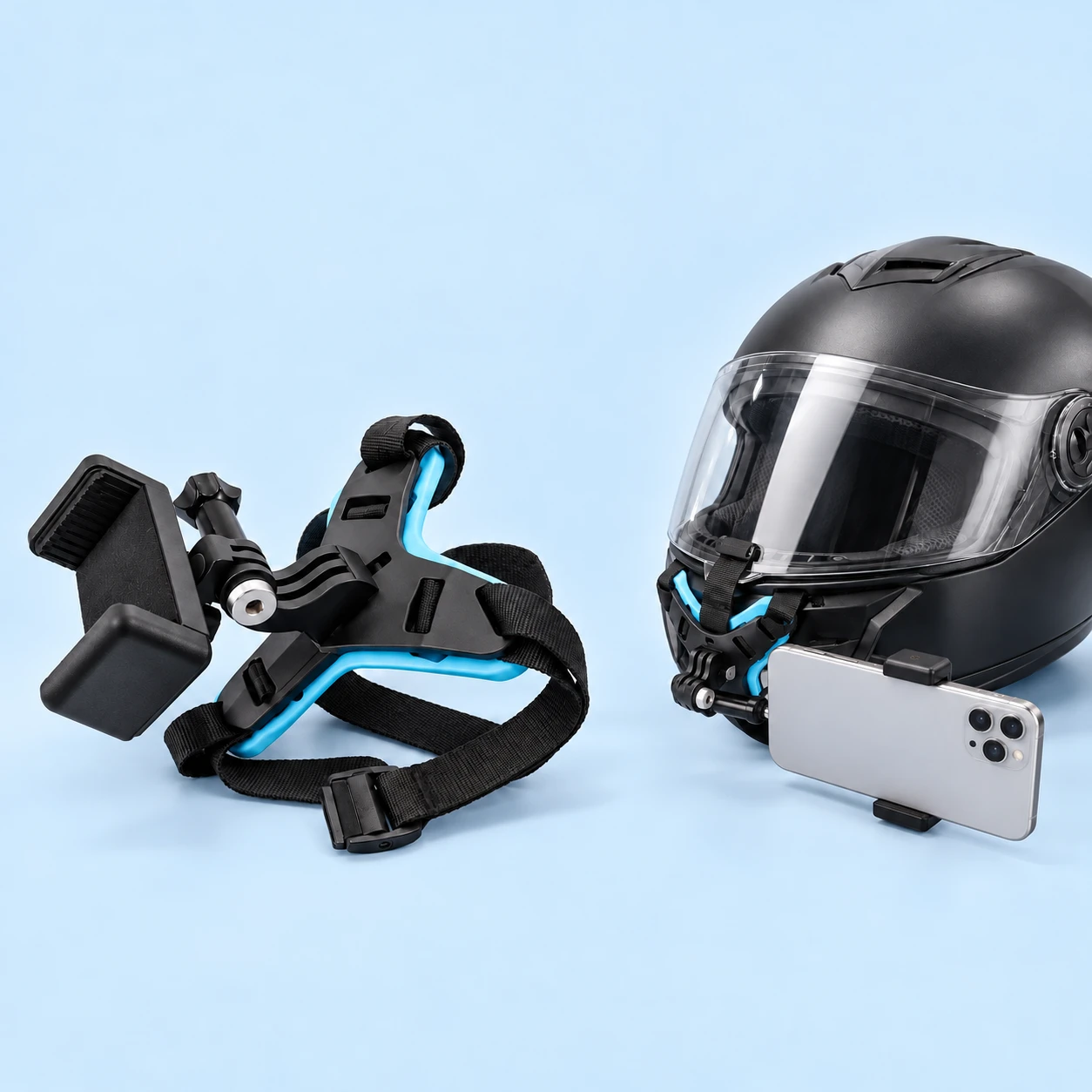 Blue-Trim Strap-On Helmet Chin Phone Mount Kit