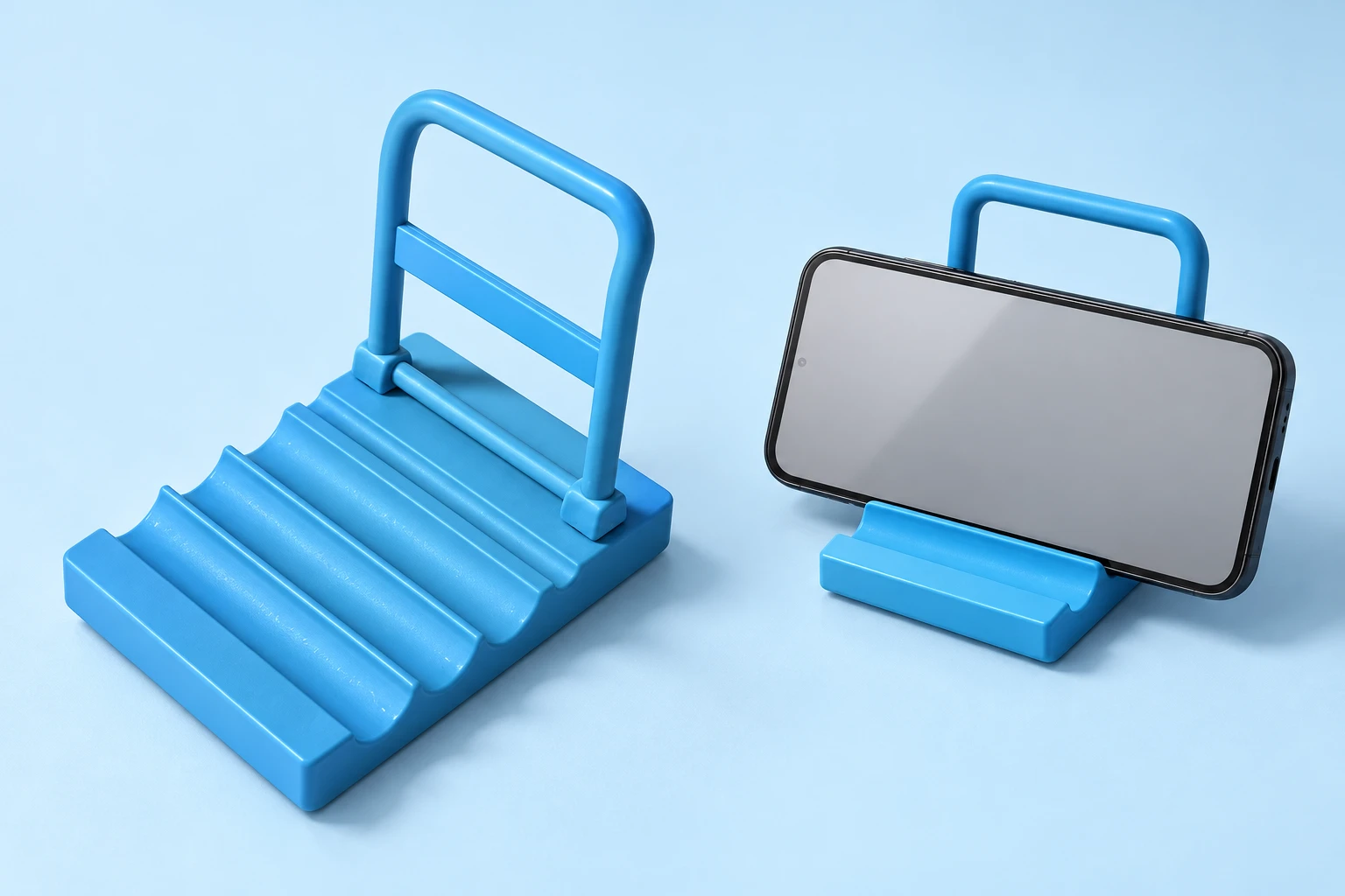 Blue mini cart adjustable phone stand, complete grooved base and upright frame left and landscape phone supported right; phone not included
