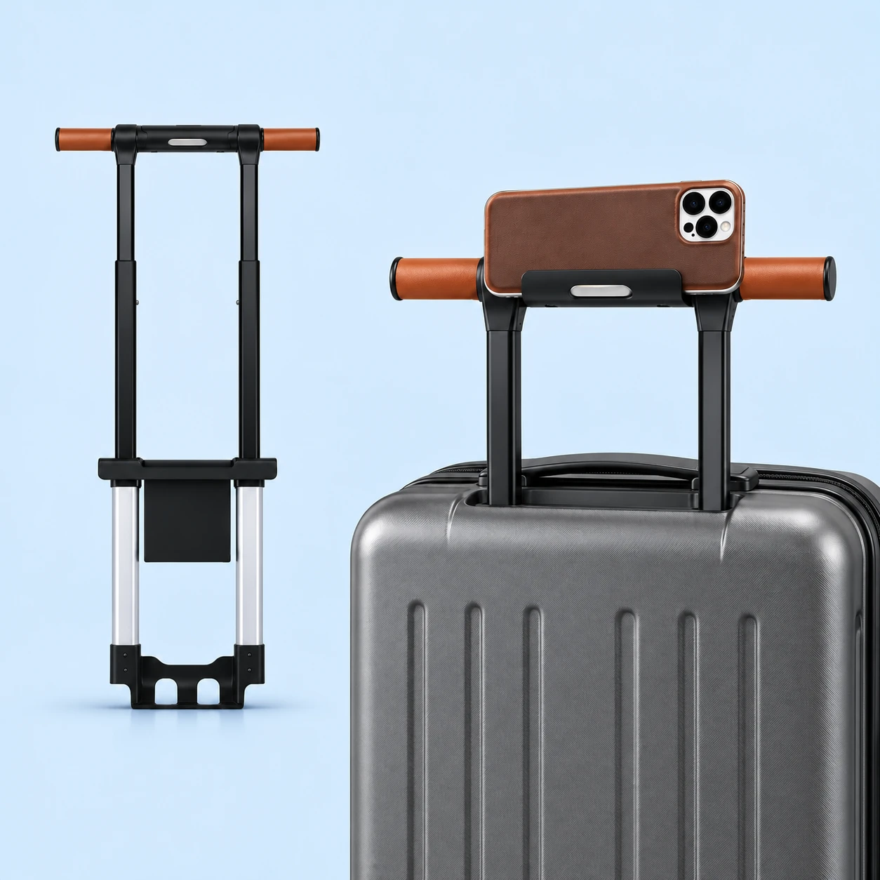 Black and Brown Integrated Phone-Rest Telescoping Luggage Handle; product and illustrative use on pale blue. Phone and scene props excluded., square composition