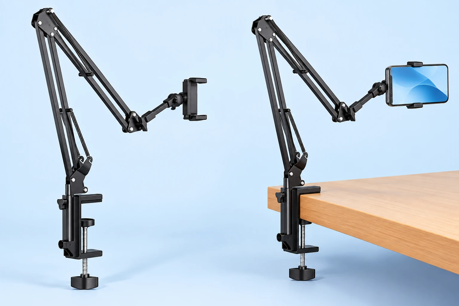 Black Spring-Rail Desk Clamp Phone Arm