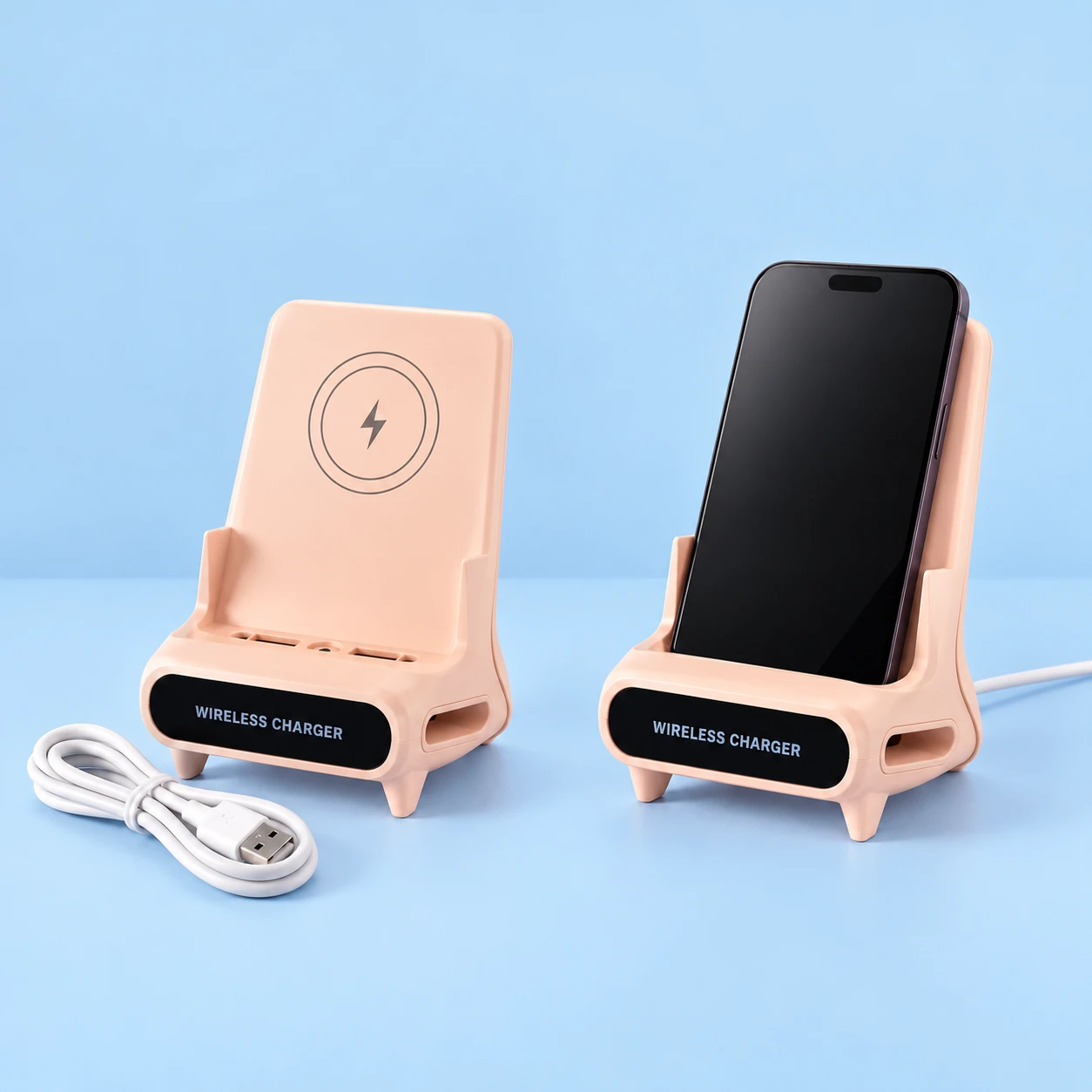 Peach Pink Chair-Style Wireless Charging Phone Stand with Cable