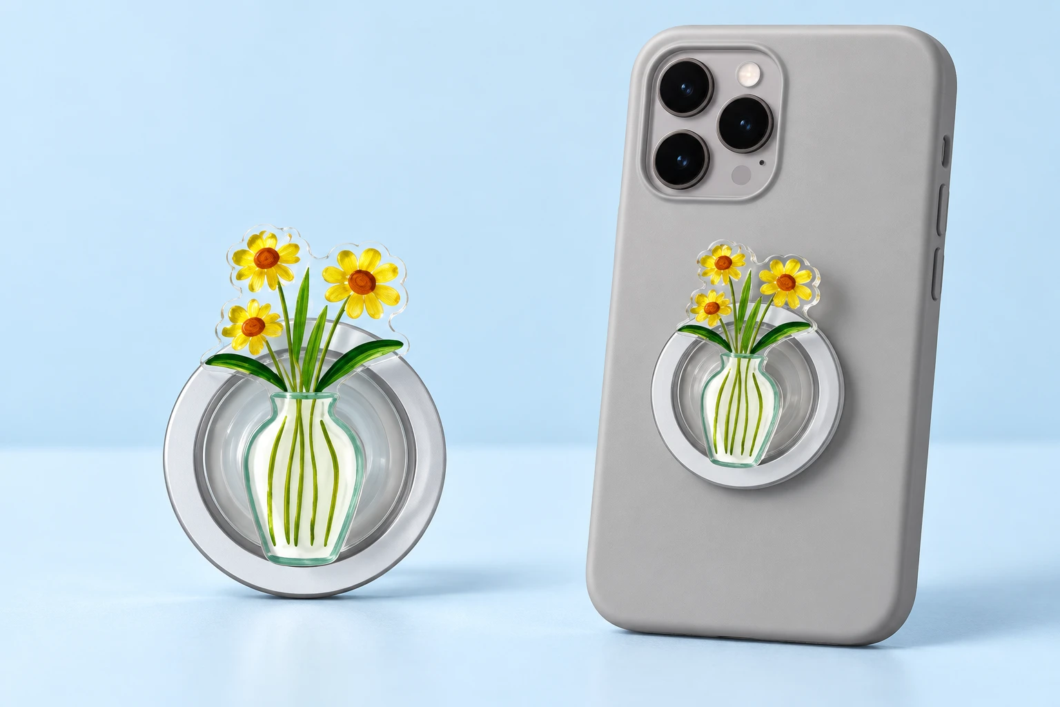 Three yellow flowers in a striped vase magnetic expandable phone grip shown closed on a phone