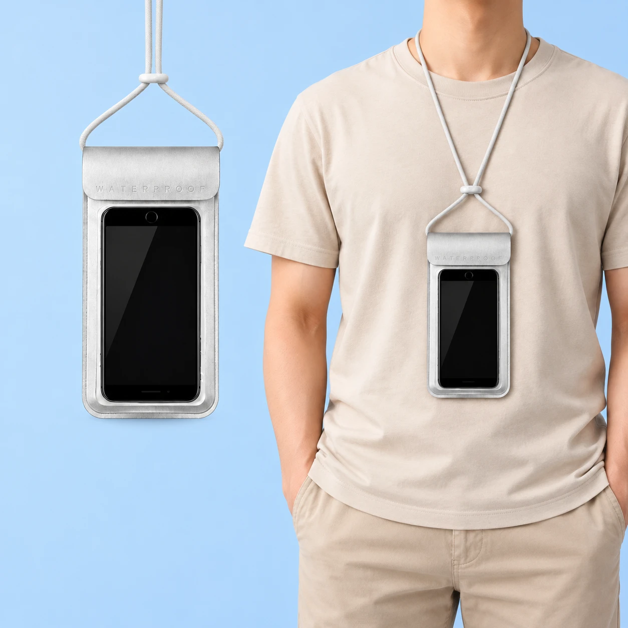 Silver Fold-Over Clear-Window Phone Neck Lanyard Pouch; product and illustrative use on pale blue. Phone and scene props excluded., square composition