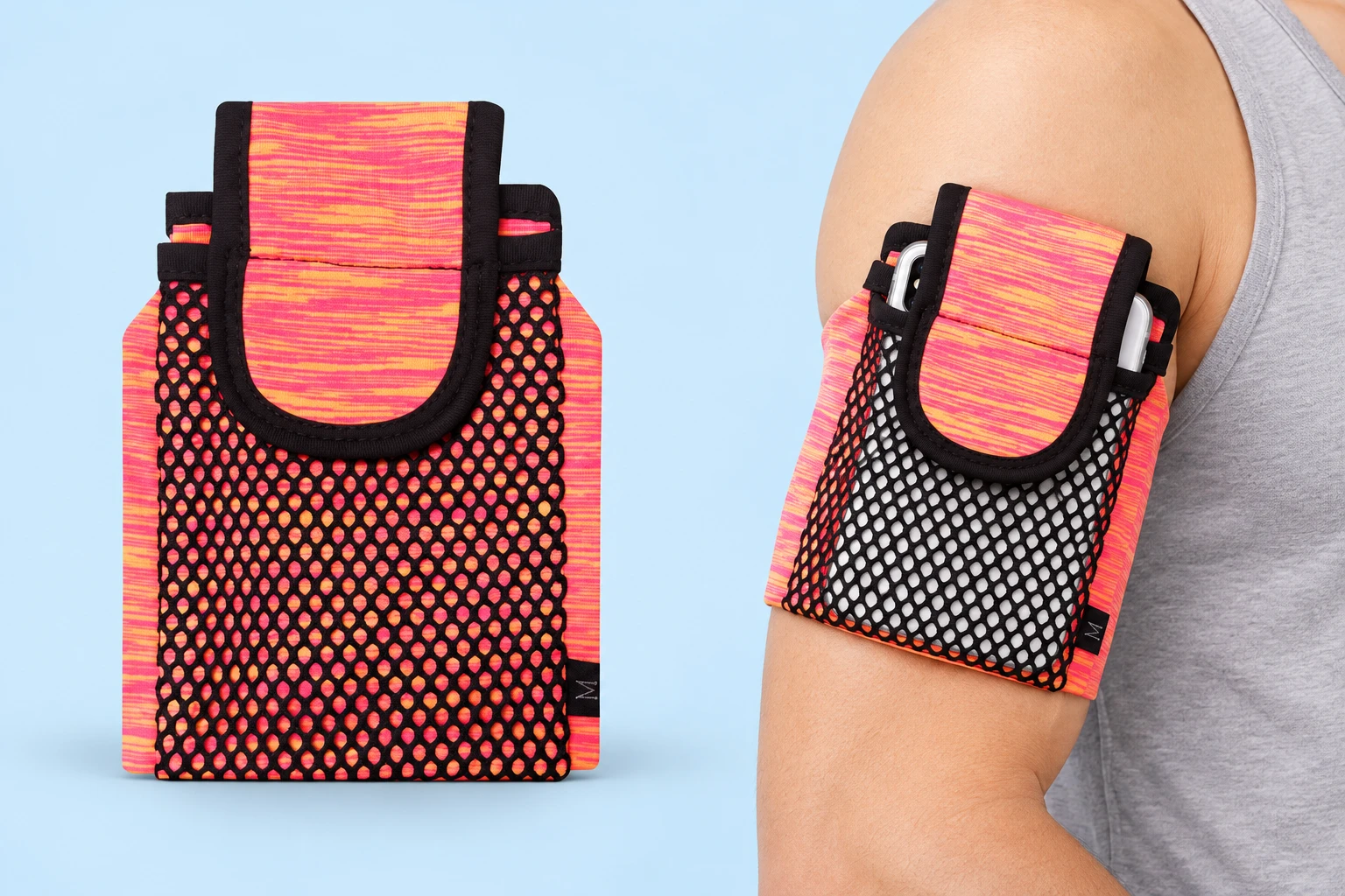 Pink stripe size-M mesh-pocket phone arm sleeve, complete product and stationary adult upper-arm use