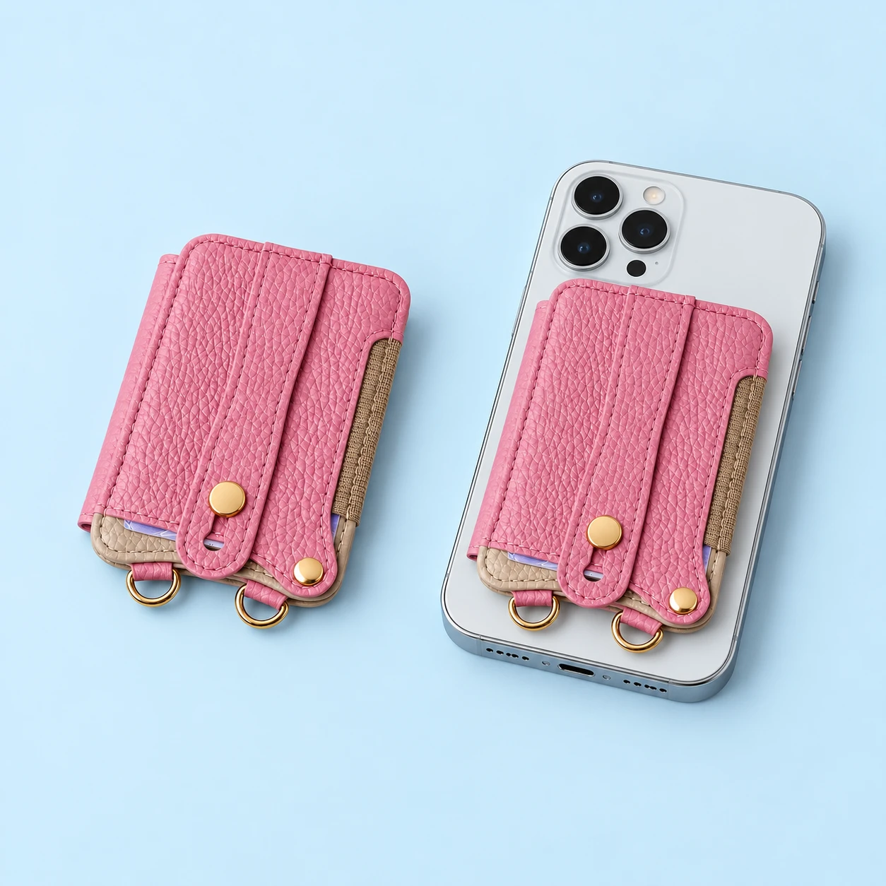 Pink Bifold Slider-Strap Phone Card Wallet; product and illustrative use on pale blue. Phone and scene props excluded., square composition