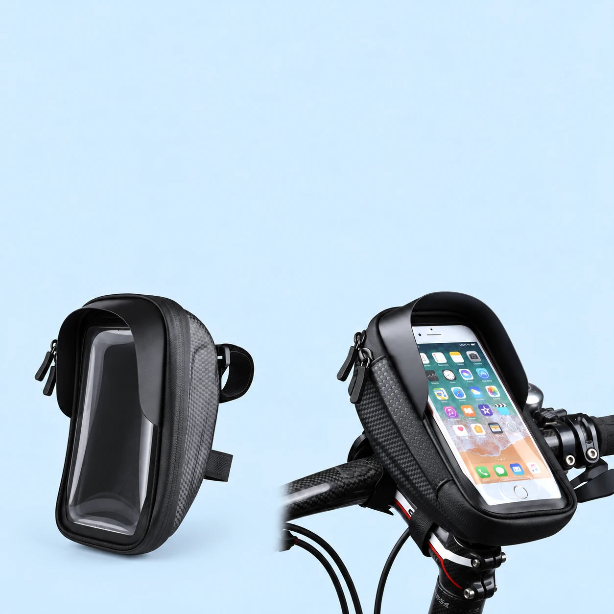 Complete empty black convex phone-window pod with its original visible mounting loops at left; the same pod holding a demonstration phone on a stationary bicycle handlebar and stem at right, against pale blue., square composition