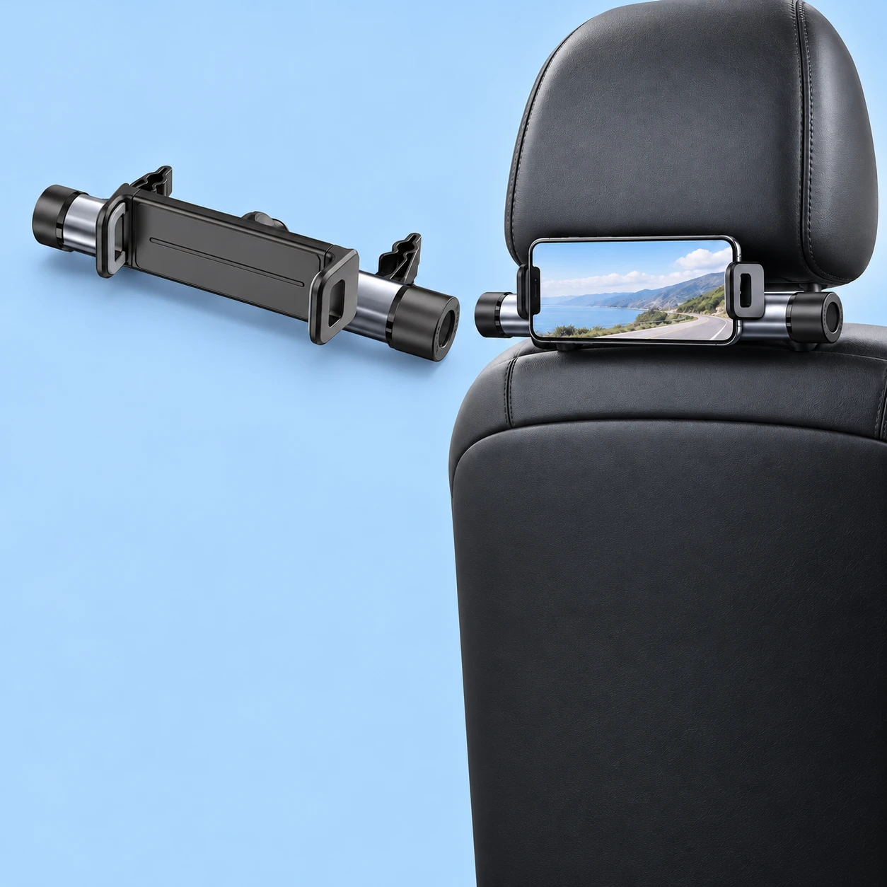 Titanium-Gray H11 Headrest Phone Holder Roller; product and illustrative use on pale blue. Phone and scene props excluded., square composition