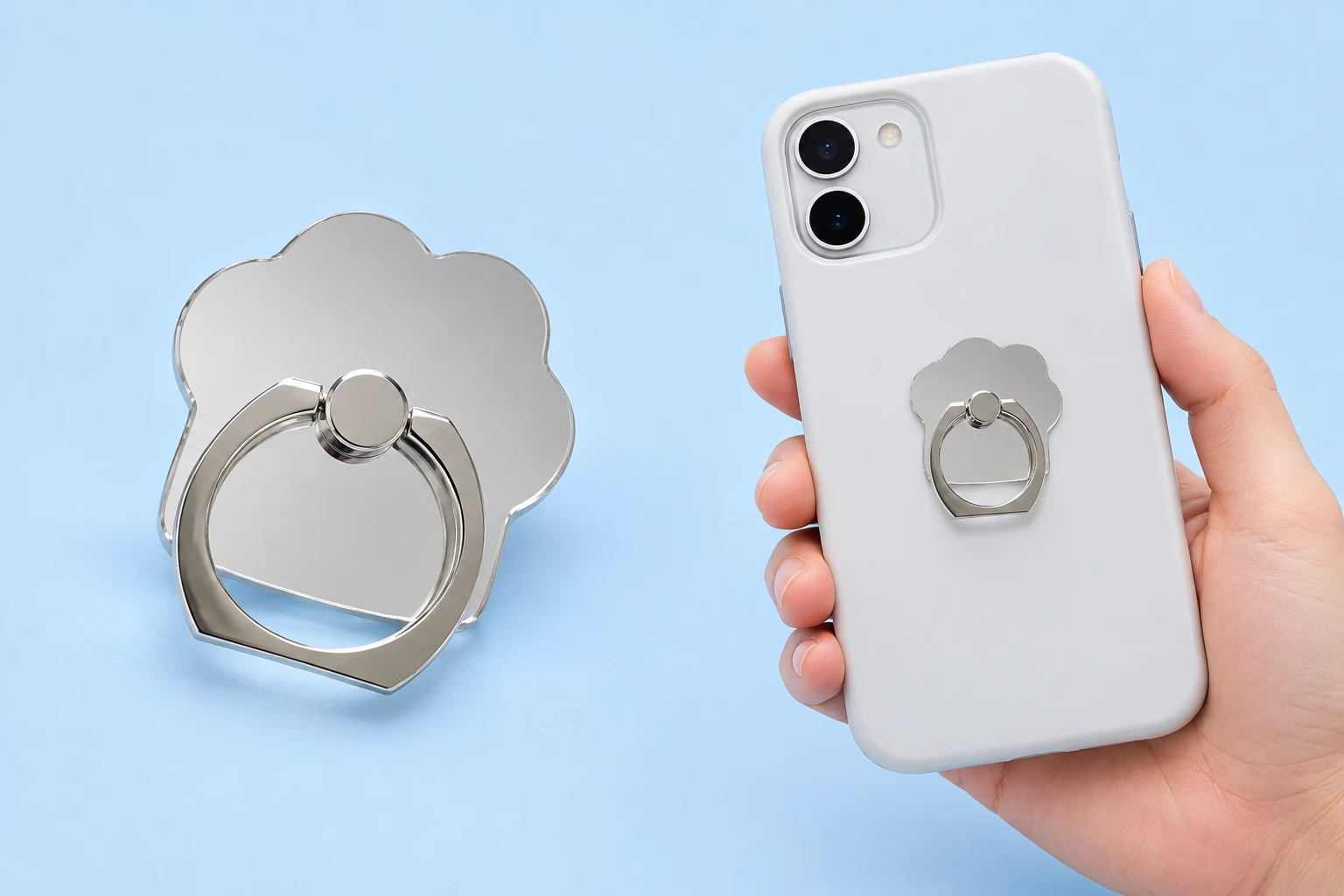 Mirrored cat-paw phone ring holder with hinged ring and conservative handheld phone-back placement