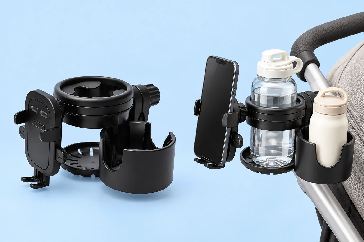Black dual-cup carrier with original phone cradle and rear rail clamp shown complete at left and holding a phone and two demonstration bottles on a stationary stroller rail at right