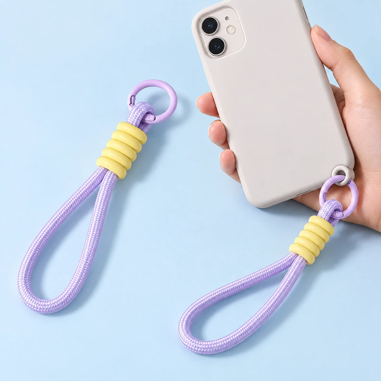 Lilac Cord Phone Wrist Loop with Yellow Ribbed Sleeve