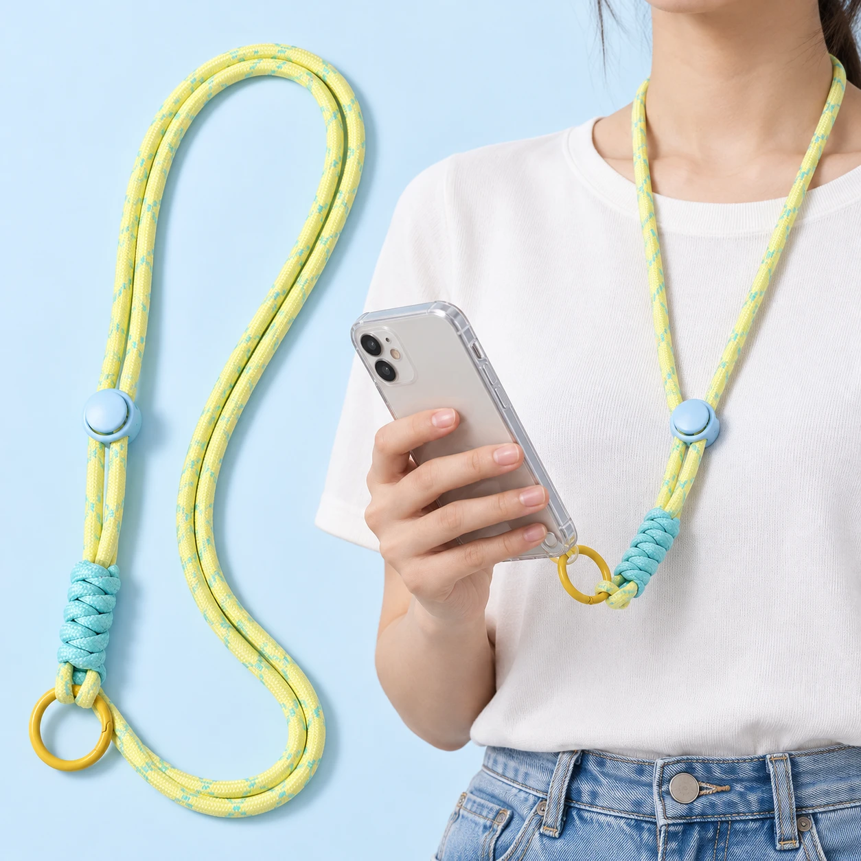 Pale yellow and blue adjustable phone neck lanyard, shown complete and in adult use with a hand-supported phone and compatible case eyelet.