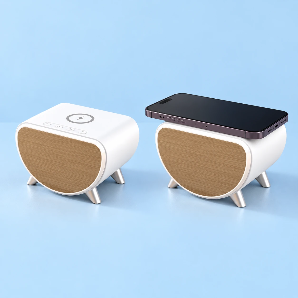 White SZ07 Rounded-Shell Phone Dock; product and illustrative use on pale blue. Phone and scene props excluded., square composition