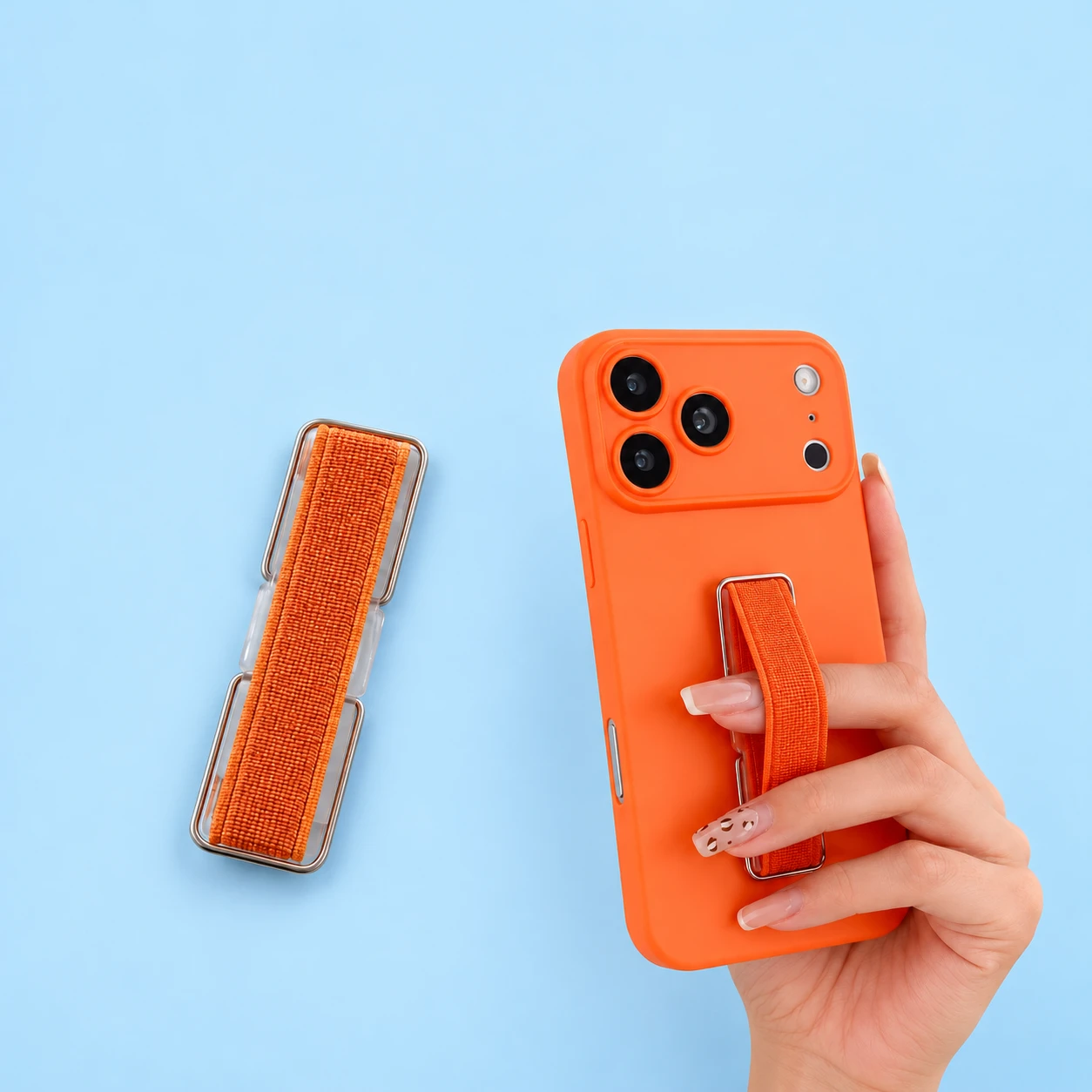 Orange Twin-Wire Phone Finger Strap; product and illustrative use on pale blue. Phone and scene props excluded., square composition