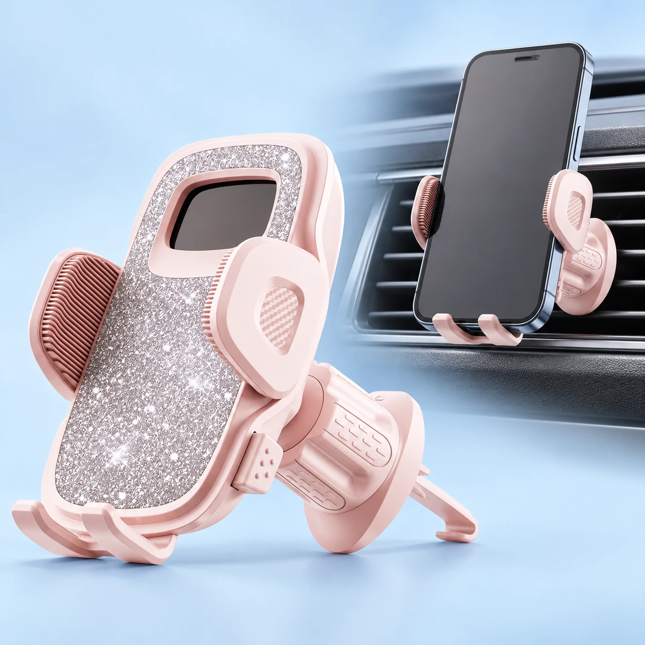 Pale pink glitter car vent phone holder with original heart-shaped jaws, lower supports and hooked vent mount, shown in stationary phone use