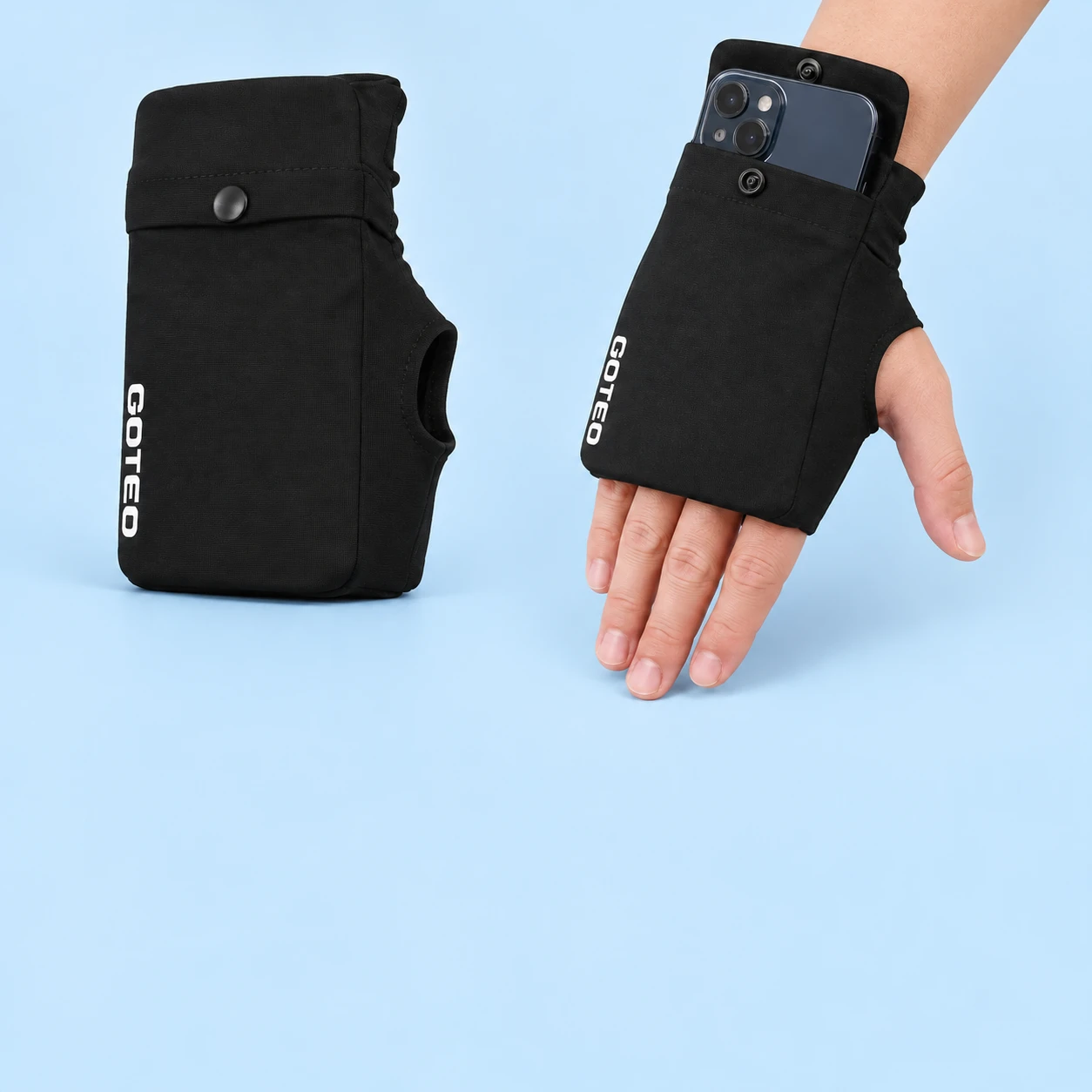 Single black left-hand phone-pocket glove, supplier size S, shown empty at left and worn on a stationary adult left hand with a demonstration phone partly inside the original pocket at right. Phone and clothing are not included., square composition