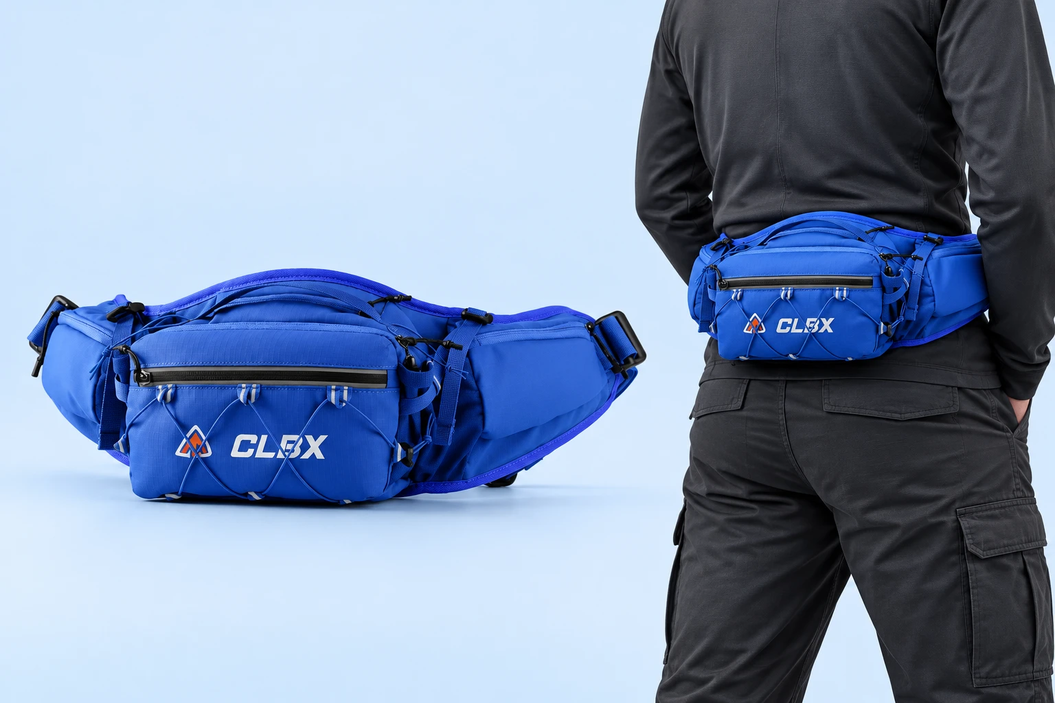 Complete blue mini phone waist pack with bungee-laced front pocket, top handle and zippered hip wings, alongside closed stationary waist carry on pale blue.