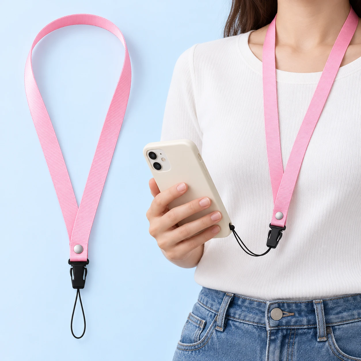 Pastel pink riveted-band phone neck lanyard with original detachable connector and intended eyelet use