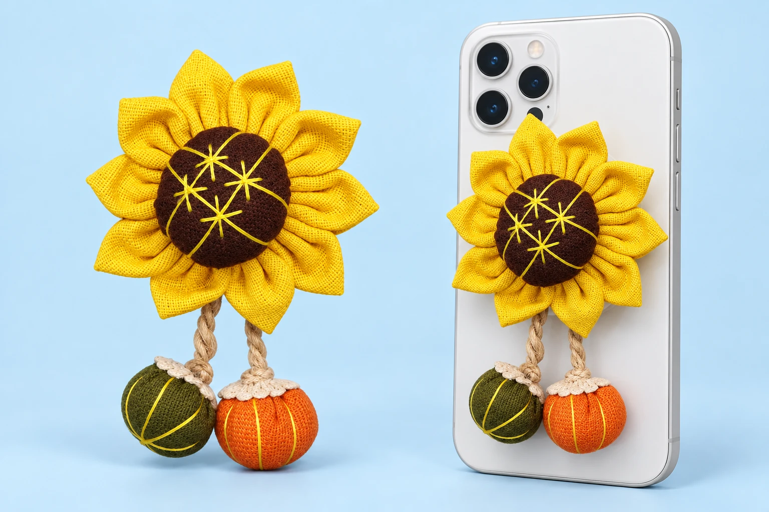 Yellow fabric sunflower phone grip with two hanging balls and mounted phone illustration