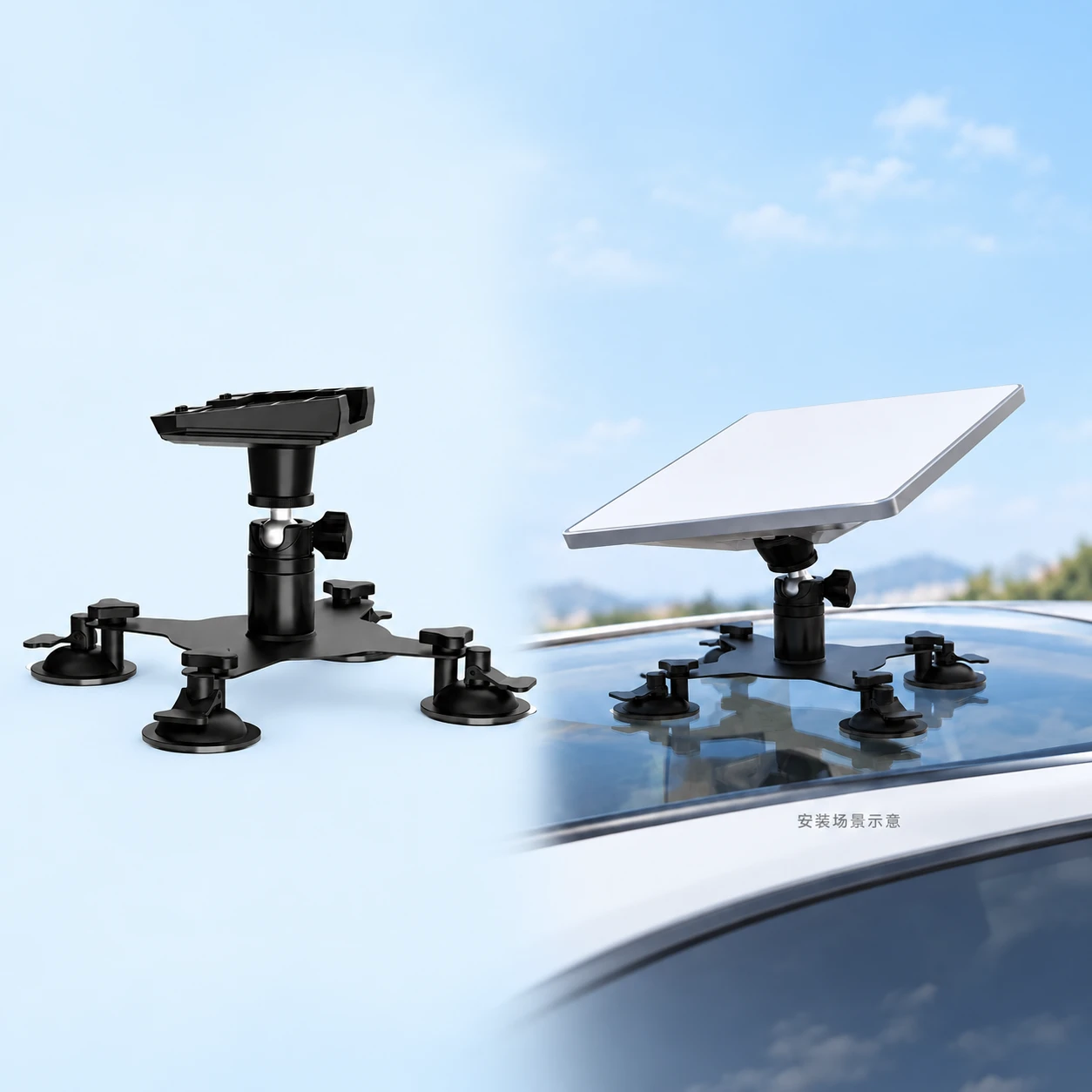 Starlink Mini Ball-Head Four-Suction-Cup Cross Mount. AI installation illustration; Starlink equipment not included., square composition